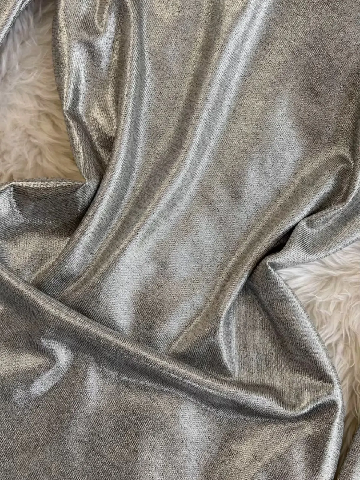 2025 Spring Summer New Silver Metallic Dress Women Cut Out Slim Mock Neck Long Sleeve Party Club Stage Edgy Mini Dress