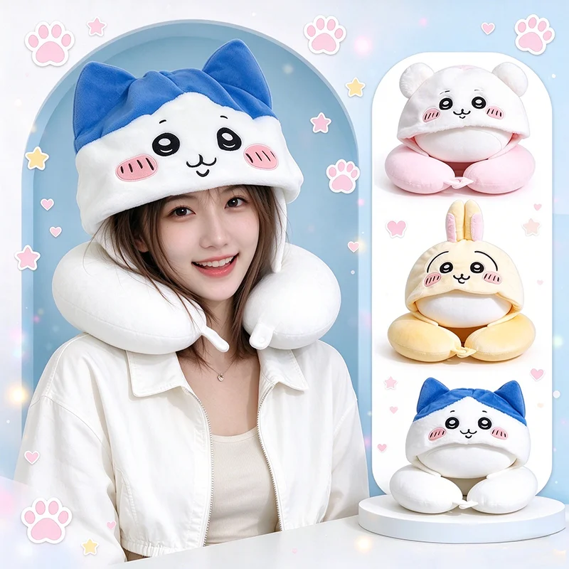 Cute Chiikawa U Shaped Neck Pillow Soft Plush Hooded Office Travel Headrest Hachiware Usagi Portable Rest Cushion Christmas Gift