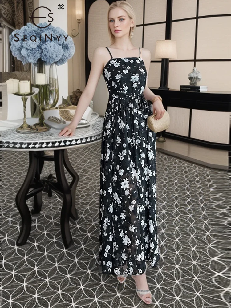 

SEQINYY Elegant Long Dress Black Summer Spring New Fashion Design Women Runway White Flower Print Jacquard A-Line Strapless