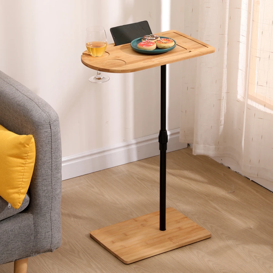 

Couch Tray Table for Living Room Bedroom: Bamboo, Natural, Height Adjustable with C-shaped Oval Design and Slots for Sofa, Bed