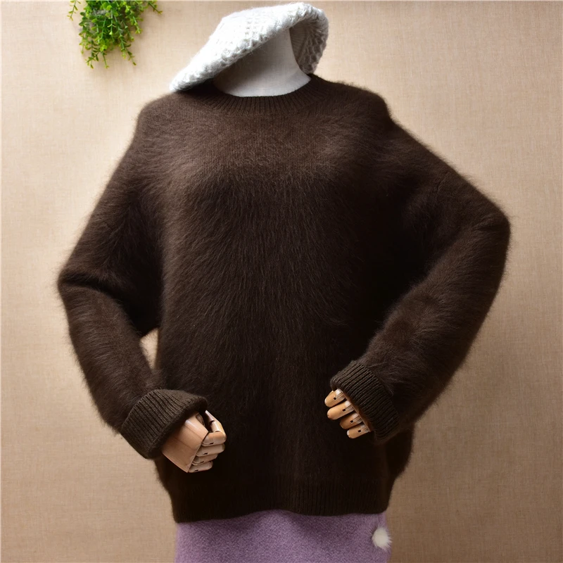 

ladies women fashion brown autumn winter hairy mink cashmere knitted o-neck long sleeves loose pullover angora fur sweater pull