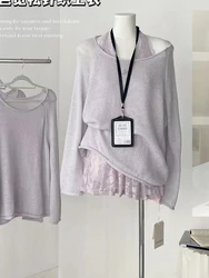 Women 2000s Y2k Korean Shoujo Girl Coquette Outfits 2 Piece Set Long Sleeve Mohair Loose Sweater + Sweet Mini Lace Gyaru Dress