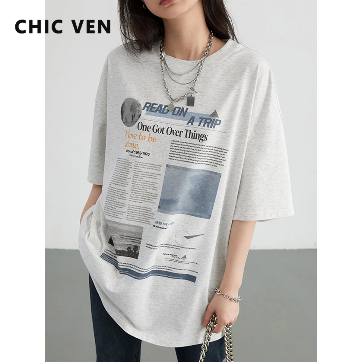 CHIC VEN Women Tees Casual Graphic and Letter Printed Short Sleeve T-Shirts Loose Crew Neck Fashion Female Tops Summer 2024