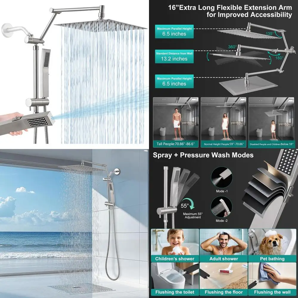 10 Metal Rain Shower Head Combo with Handheld, High-Pressure Waterfall, 16 Extension Arm, 3-Way Diverter, Brushed Nickel