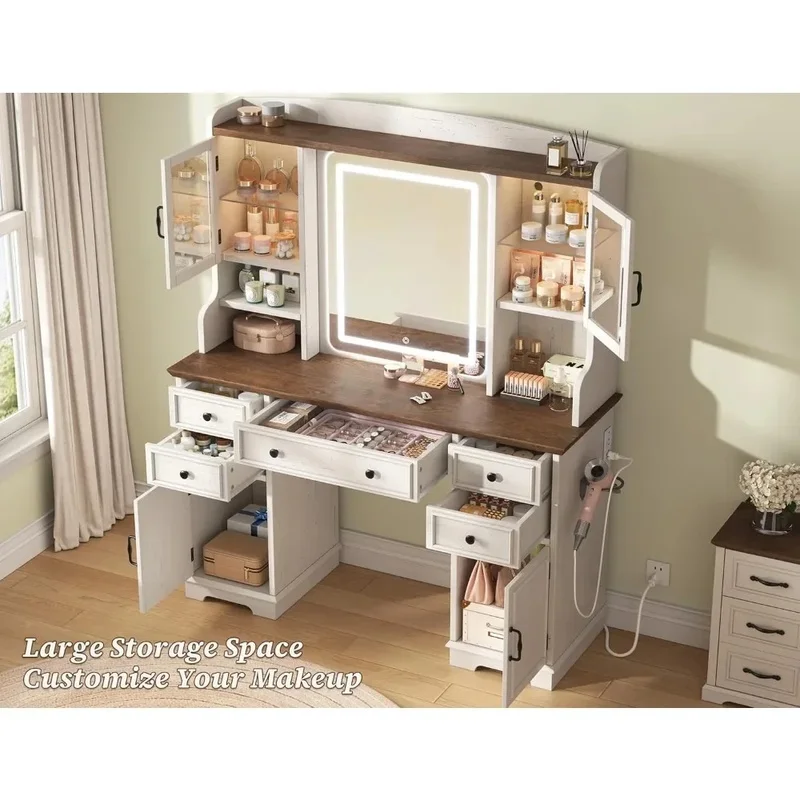 Meja Rias Besar dengan Cermin, Lampu LED, Lemari RGB, Set Meja Rias dengan 5 Laci dan 6 Rak Penyimpanan Meja Rias