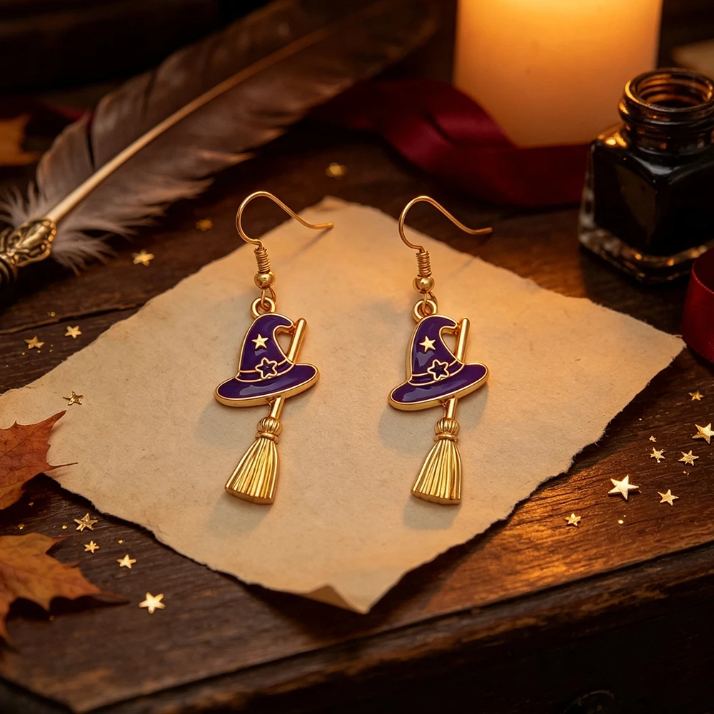 Halloween Wizard Hat Broom Earrings, Star Magic Witch Hat Earrings, Retro Cartoon Oil-Drip Holiday Earrings, Available in Two Colors