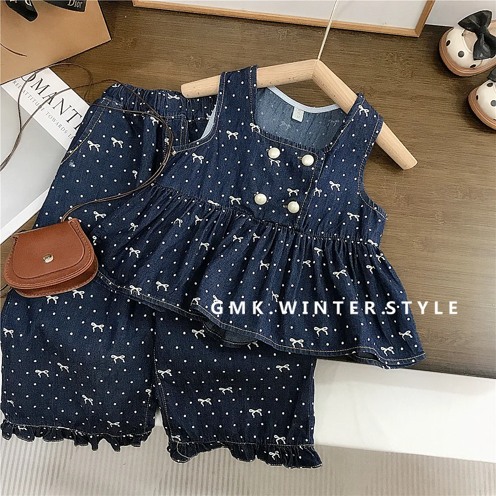 

Girls Suit 2025 Summer New Childrens Clothing Korean Style Girl Baby Thin Full Print Bow Jeans Vest Pants Two Sets of Casual