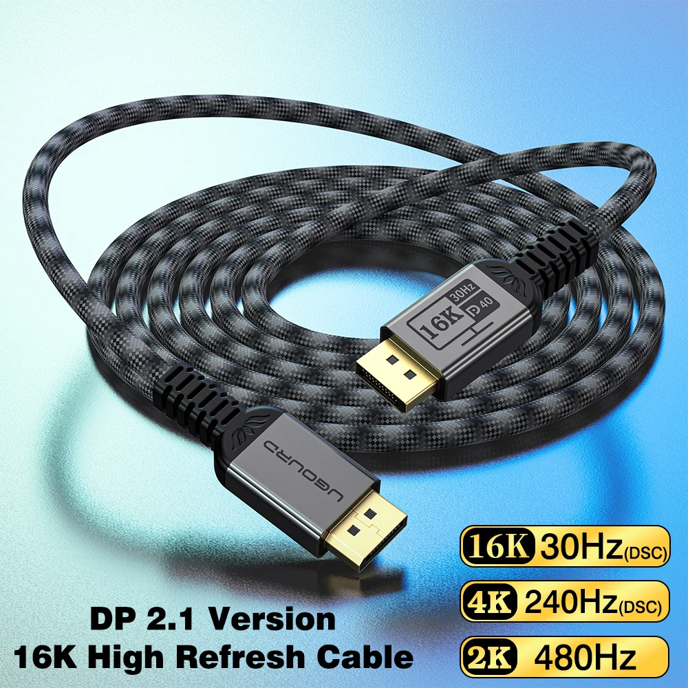 UGOURD DP2.1 Kabel 40Gbps DP40 Gevlochten Kabel 16K@30Hz HDR G-Sync FreeSync Hoge Verversingssnelheid 4K240Hz 2K480Hz DisplayPort Kabel 10K