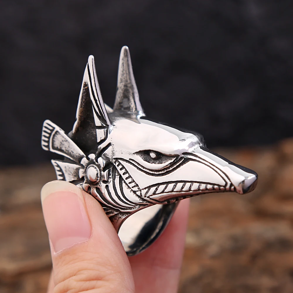 

Punk Vintage Egypt Anubis God Finger Ring For Men Boys Fashion Stainless Steel Wolf Head Rings Biker Jewelry Gifts Dropshipping