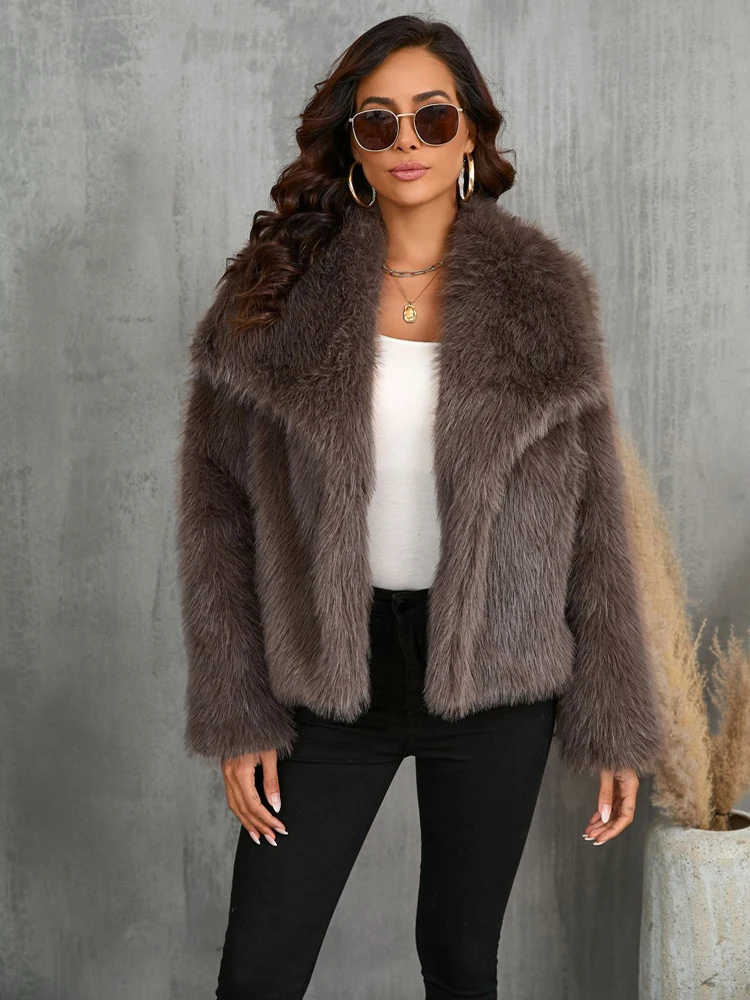 Fluffy Autumn And Winter Fashion Women Clothes Turn-down Faux Fur Coat Full Sleeves Cardigan Female Coat Luxury Outerwears