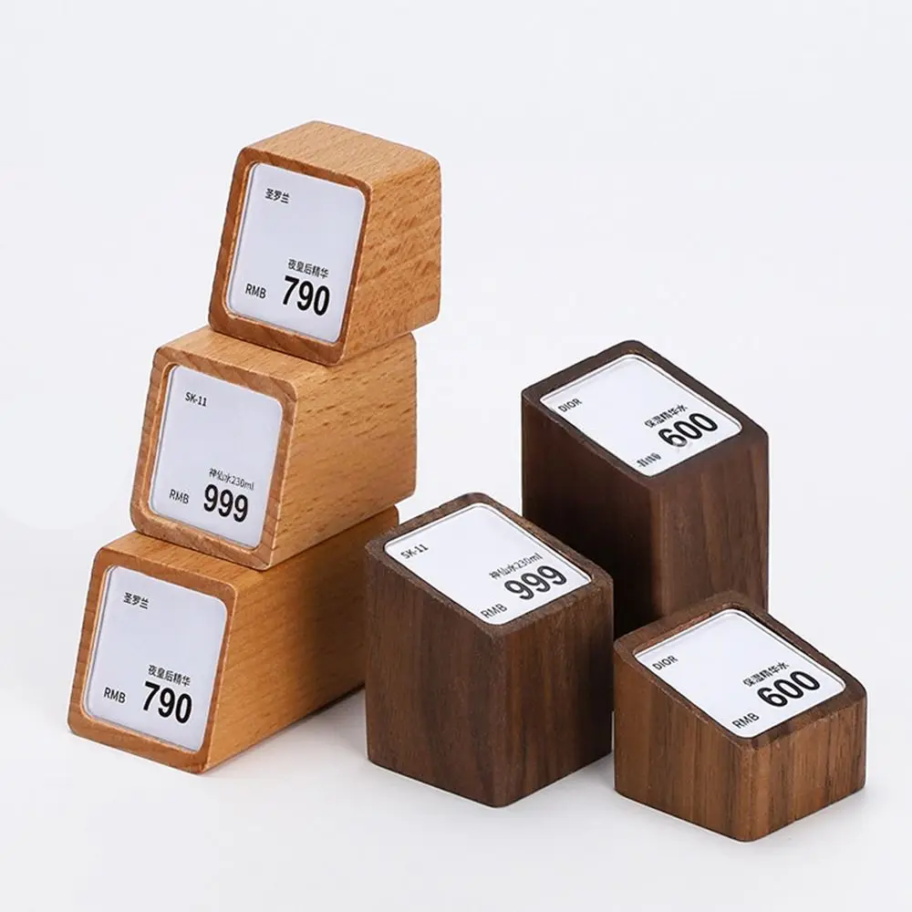 Multi-size Price Tag Holder Wood Base Kahki Coffee Display Stand Price Labeling Rack Acrylic Window Name Card Tags Holder