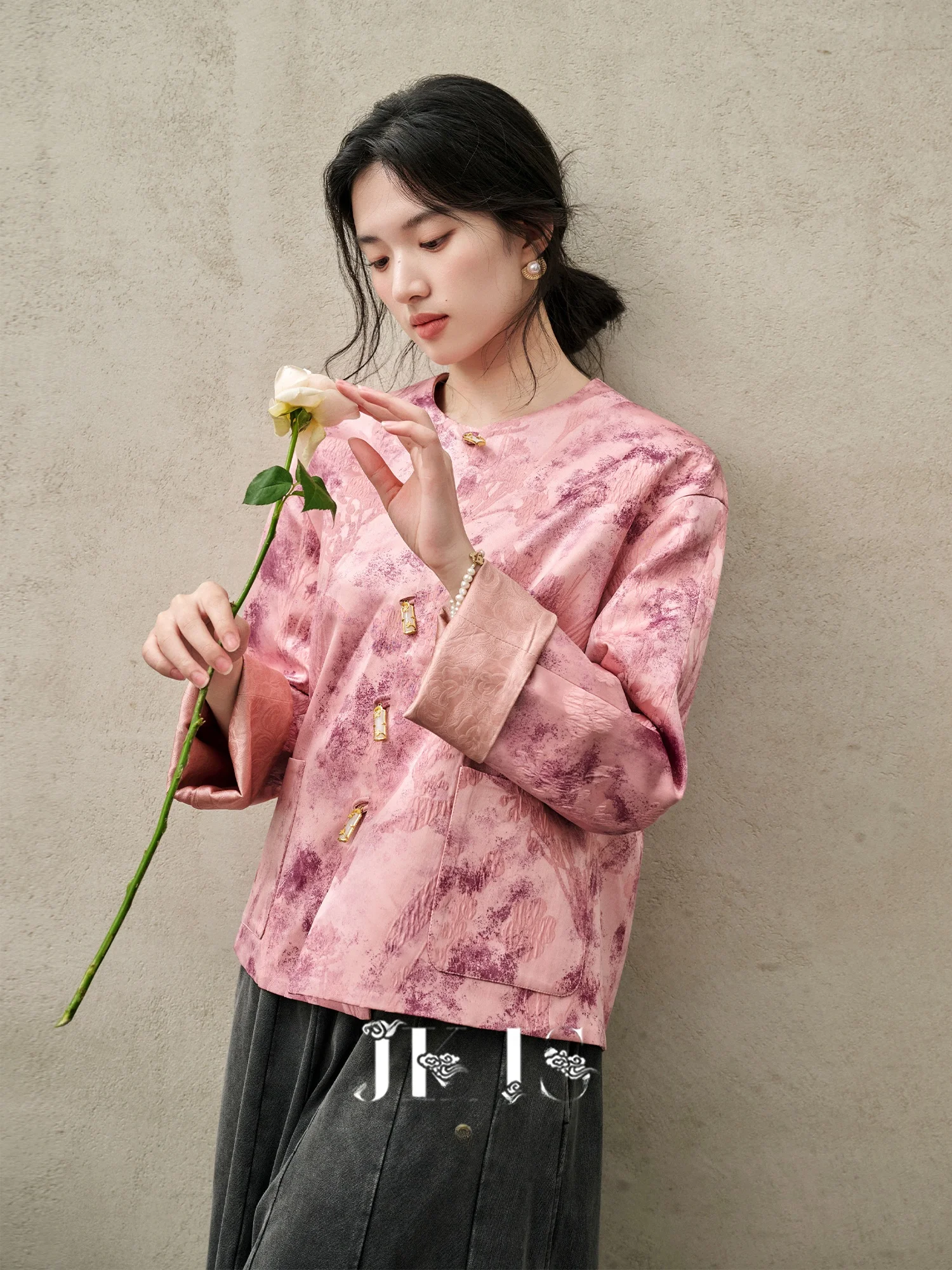 

New Chinese Style JKJS Water Ink Blossom Silk Interwoven Double Sided Wear Spring Autumn Outerwear Ladies Fashion Coat