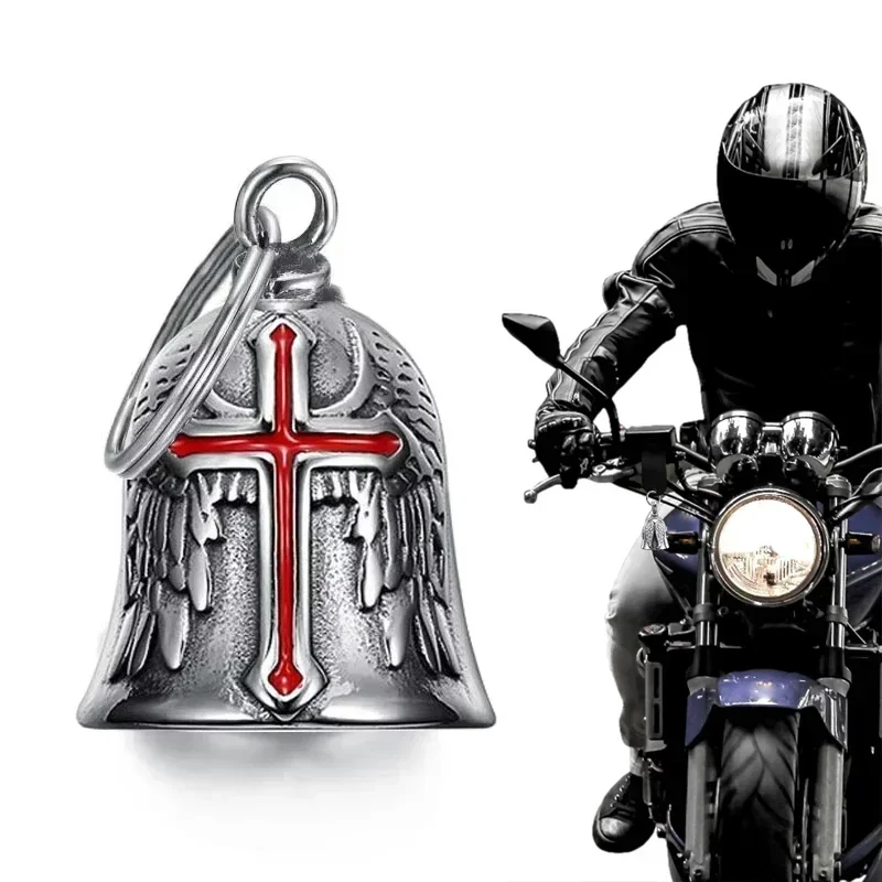 1pcs Vintage Cross Wings Angel Guardian Bell Motorcycle Keychain for Men Fashion Charm Bell Pendant Rider Decor Gift image 5
