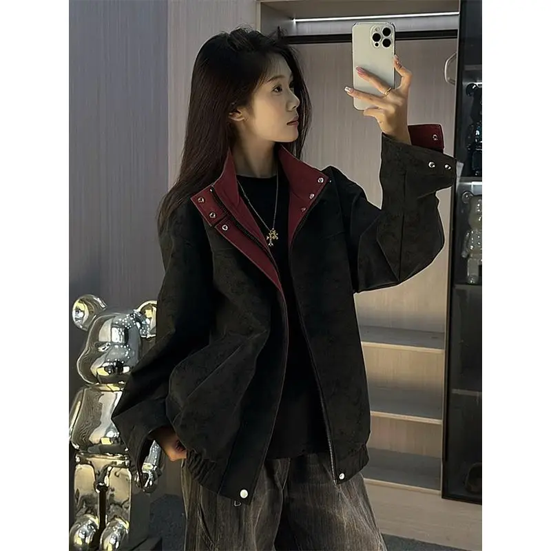 Retro Contrast Color Leather Jacket Men's Autumn New Stand-up Collar Design Button Jacket Trendy Brand Waterproof Leather Jacket