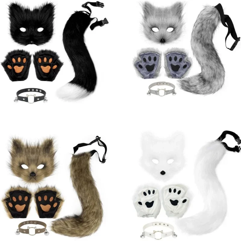 Animal Fluffy Fur Fox Tail Cat Paws Gloves and Ears Headwear Face Mask Cosplay Costume Wolf  Mask Set Halloween Party Accessorie