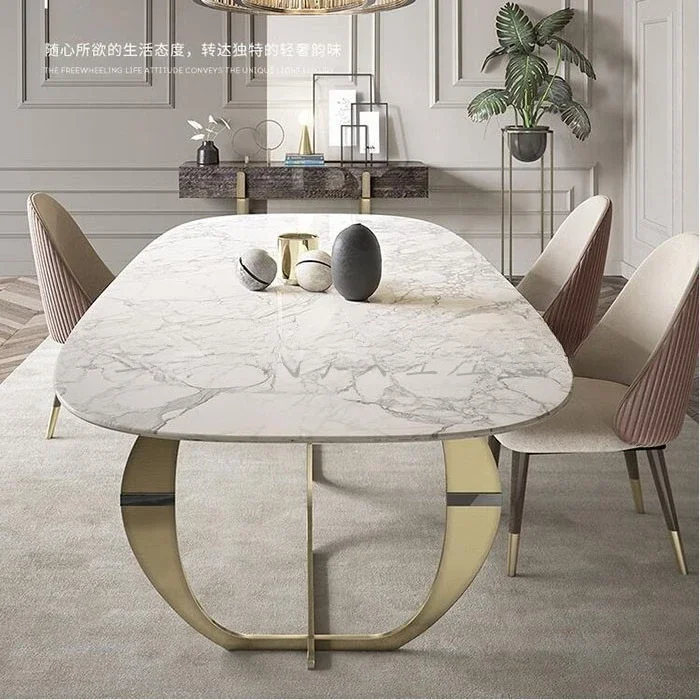 Italian light luxury post-modern creative designer dining table simple villa furniture metal marble rock slab long dining table