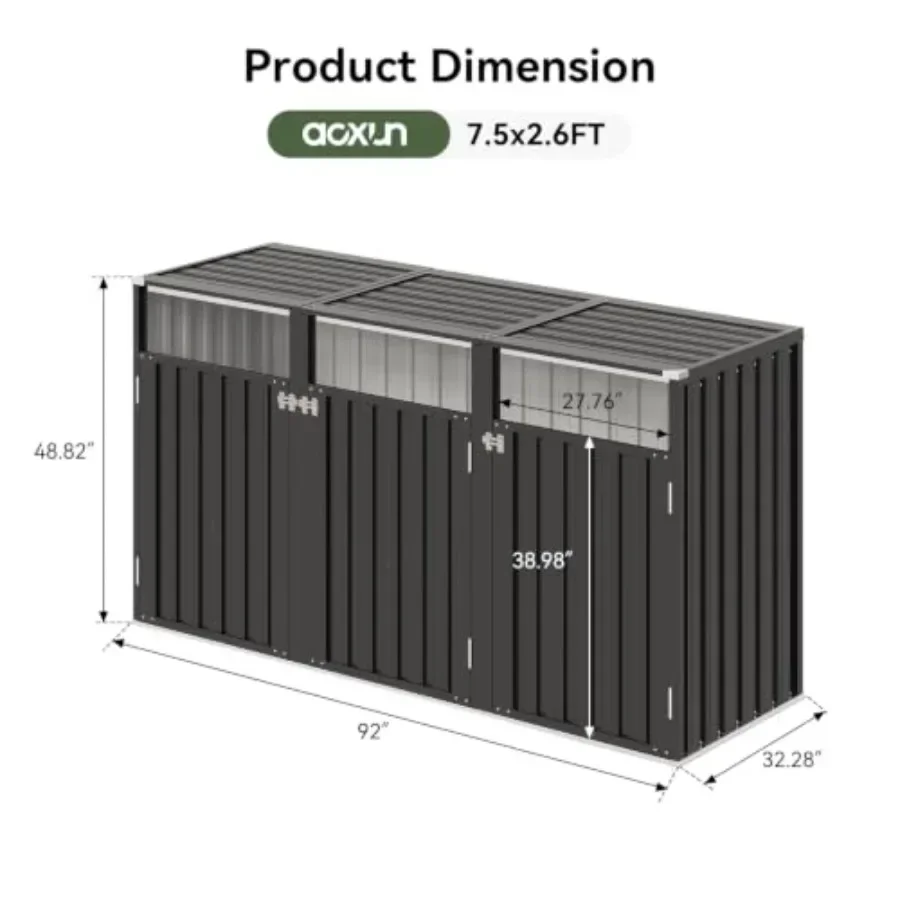 Outdoor metal waterproof trash can storage shed in gray with rust-resistant finish and lockable door