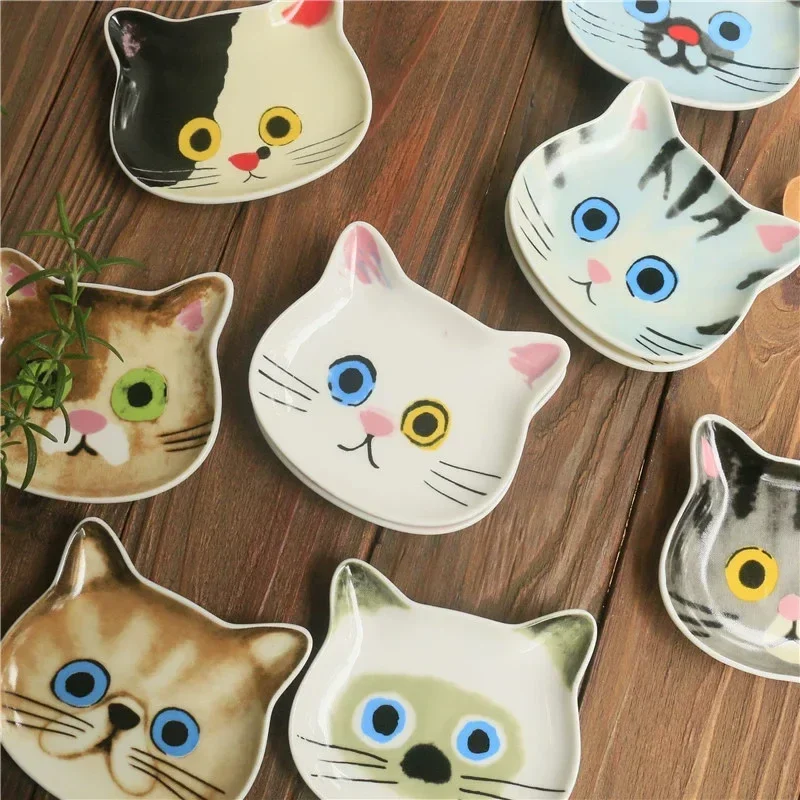 Japan Ceramic Cartoon Cat Sauce Dish 4 Pcs Set Creative Cute Cat Face Shape Condiment Dish Small Plates Home Kitchen Tableware