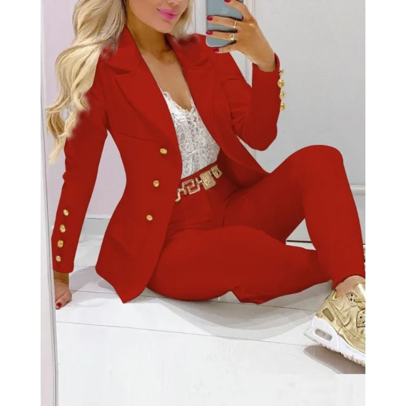 Donne Risvolto Manica Lunga Giacca Sportiva Cappotto Pantaloni Matita Abiti Autunno 2024 Office Lady Abiti Sottili Y2K INS Abiti Elegante Due Pezzi Set