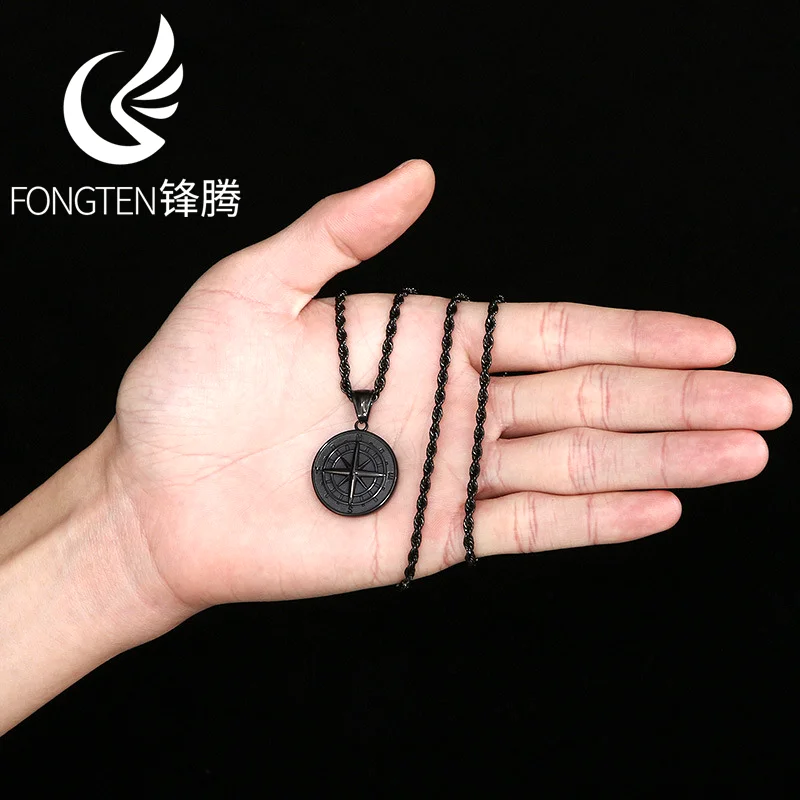Fongten Circular Compass Stainless Steel Pendant Necklace Men's Unisex Accessories Sweet Punk Fashion Jewelry Banquet Gifts