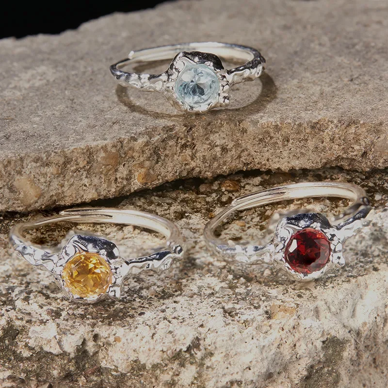 Korean version of the design sense S925 sterling silver inlaid with natural garnet topaz citrine colored treasure ring