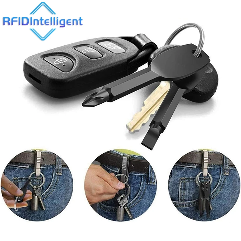 Chaveiro de bolso para autodefesa, conjunto de ferramentas multifuncional portátil de sobrevivência edc, chave de fenda, ponto cruz, preto e prata