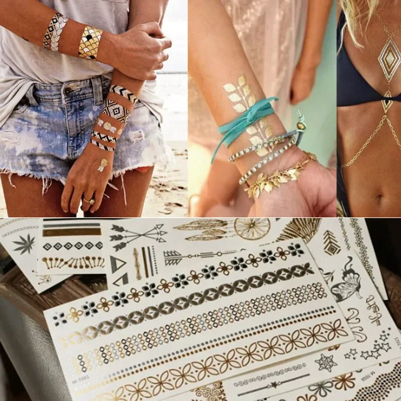 

1PC Body Art Gold Metallic Tattoo Sticker Summer Style Men Women Chain Bracelet Fake Jewelry Waterproof Temporary Tattoo