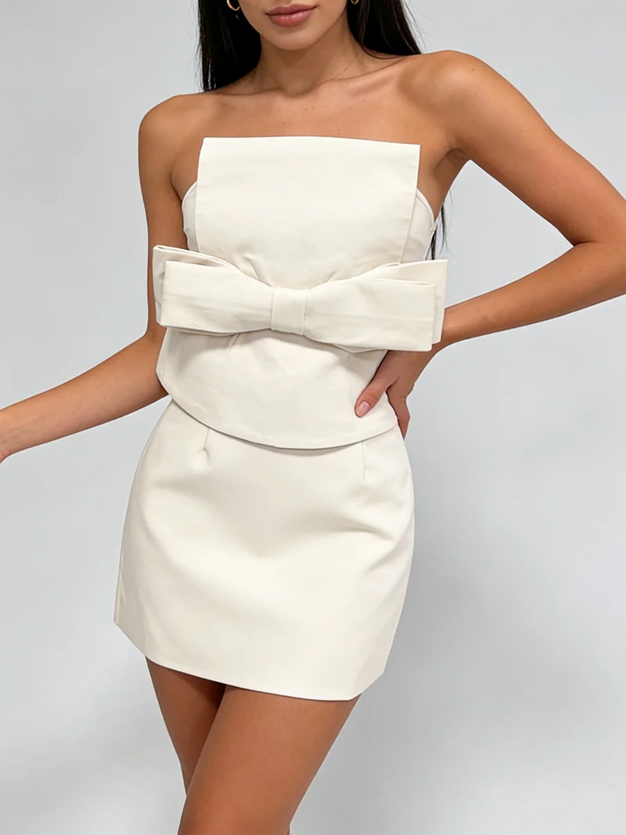 TWOTWINSTYLE, vestidos elegantes adelgazantes con lazo empalmado para mujer, sin tirantes, sin mangas, cintura alta, vestido minimalista, ropa femenina