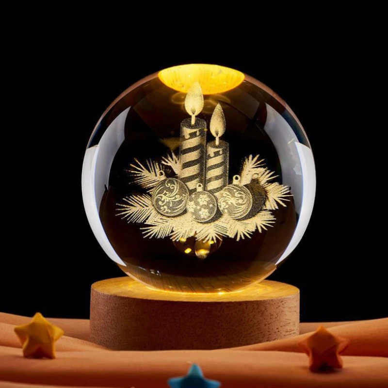 Christmas Crystal 3D Laser Inner Carving Ball Night Light Sphere Xmas Deer Santa Engraved Glowing Niche Gift Home Decoration