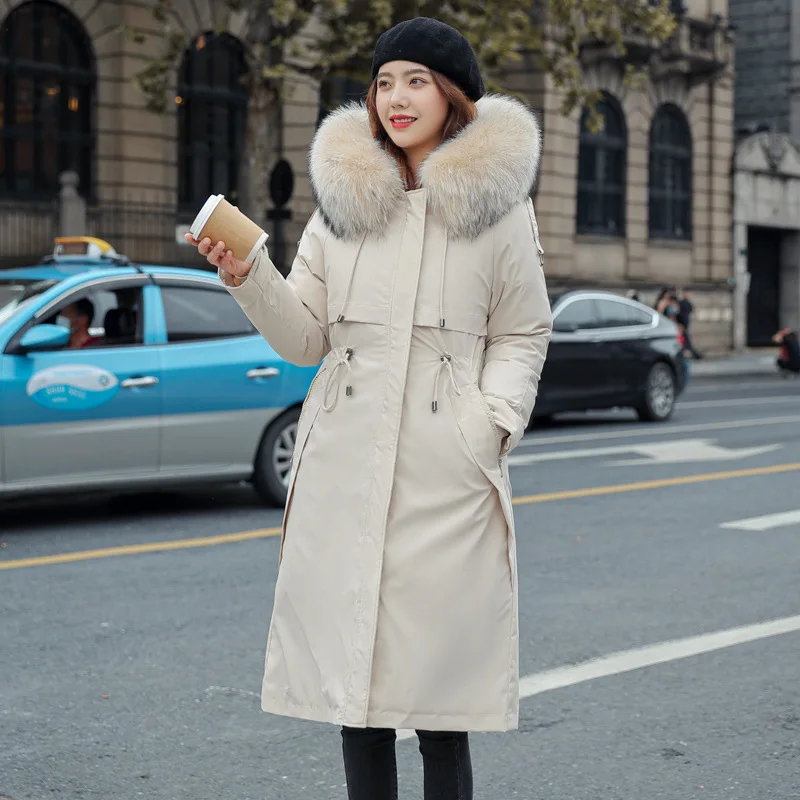 Women Hooded Parkas Coats Long Jackets Solid Detachable Big Fur Lenth Collar Zipper Drawstring Slim Fit Thick Casual  Winter