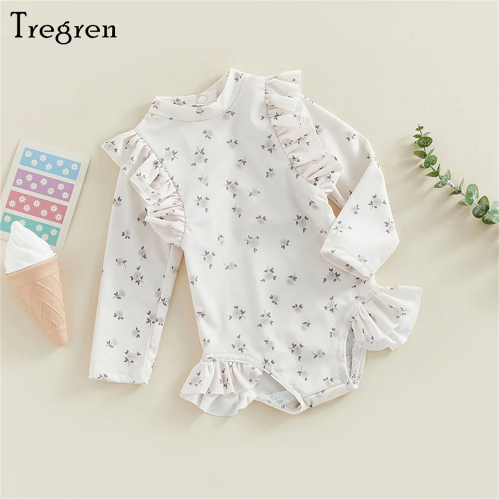 Tregren Kids Baby Girls Swimsuit Sweet Long Sleeve Crew Neck Floral Plaid Swimwear Summer Bathing Suit Swimming Pool Beachwear