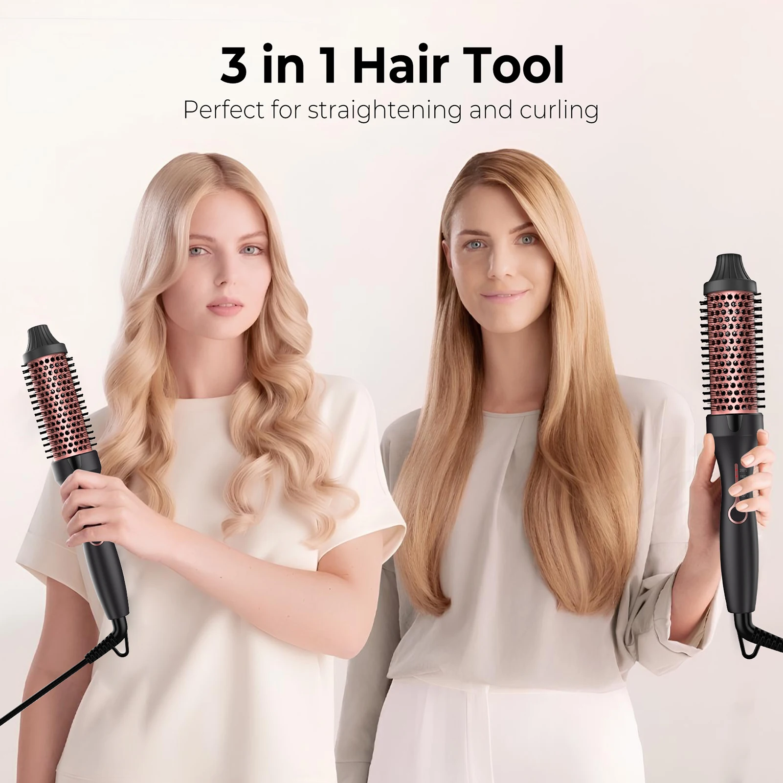 3-in-1 Hot  Comb, Thermal Brush, Curling Iron and Straightening Brush, 38mm Barrel, Dual PTC Fast Heating, 5 Temp Settings