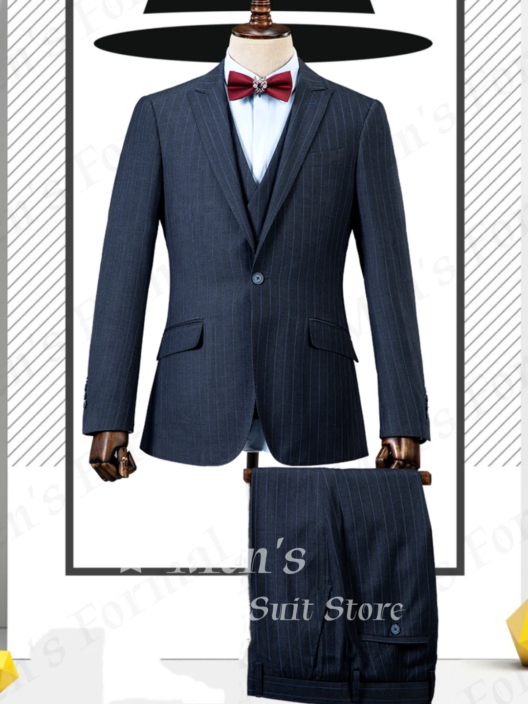 Mens Dark Navy Pinstripe 3 Piece Suit Jacket Matching Blazer Waistcoat Trousers Wedding Guest Full Suit Set Customized