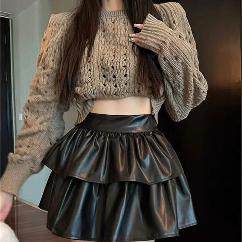 Y2K Pleated Pu Leather Sexy Skirts Women High Waist Solid Korean Fashion Skirts Harajuku Female Ruffles Puffy Kawaii Skirt