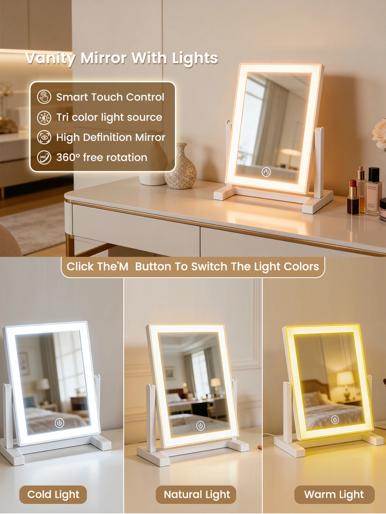LED Makeup Mirror with Lights, 3 Color Lighting Vanity Mirror, Touch Control 360° Rotating Cosmetic Mirror for Bedroom Dressing