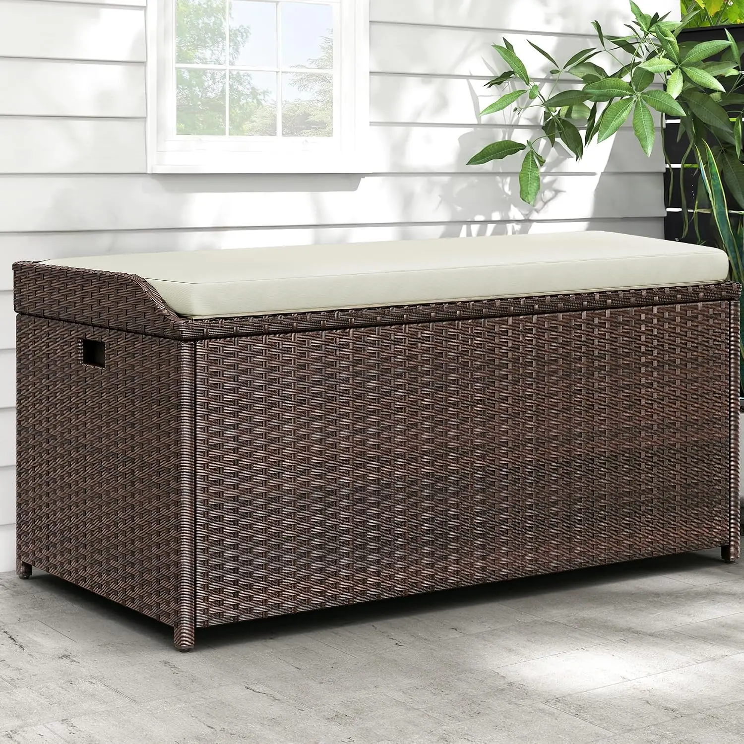 70 Gallon Wicker Patio Storage Bench Deck Storage Box Container With Cushion Outdoor Storage Bench Handles Storage Bin For Yard Lawn Garden Brown