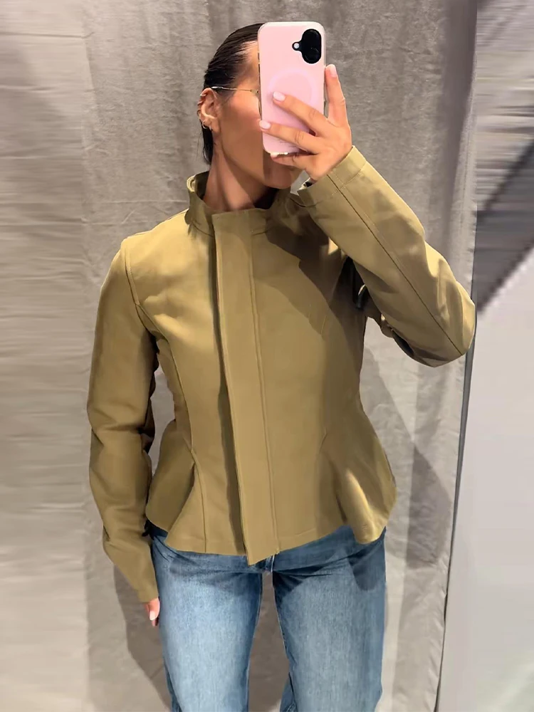 New Women Elegant Stand Collar Cropped Jacket Slim Fitted Peplum Hem Zipper Front Solid Casual Short Coat Fall Outerwear