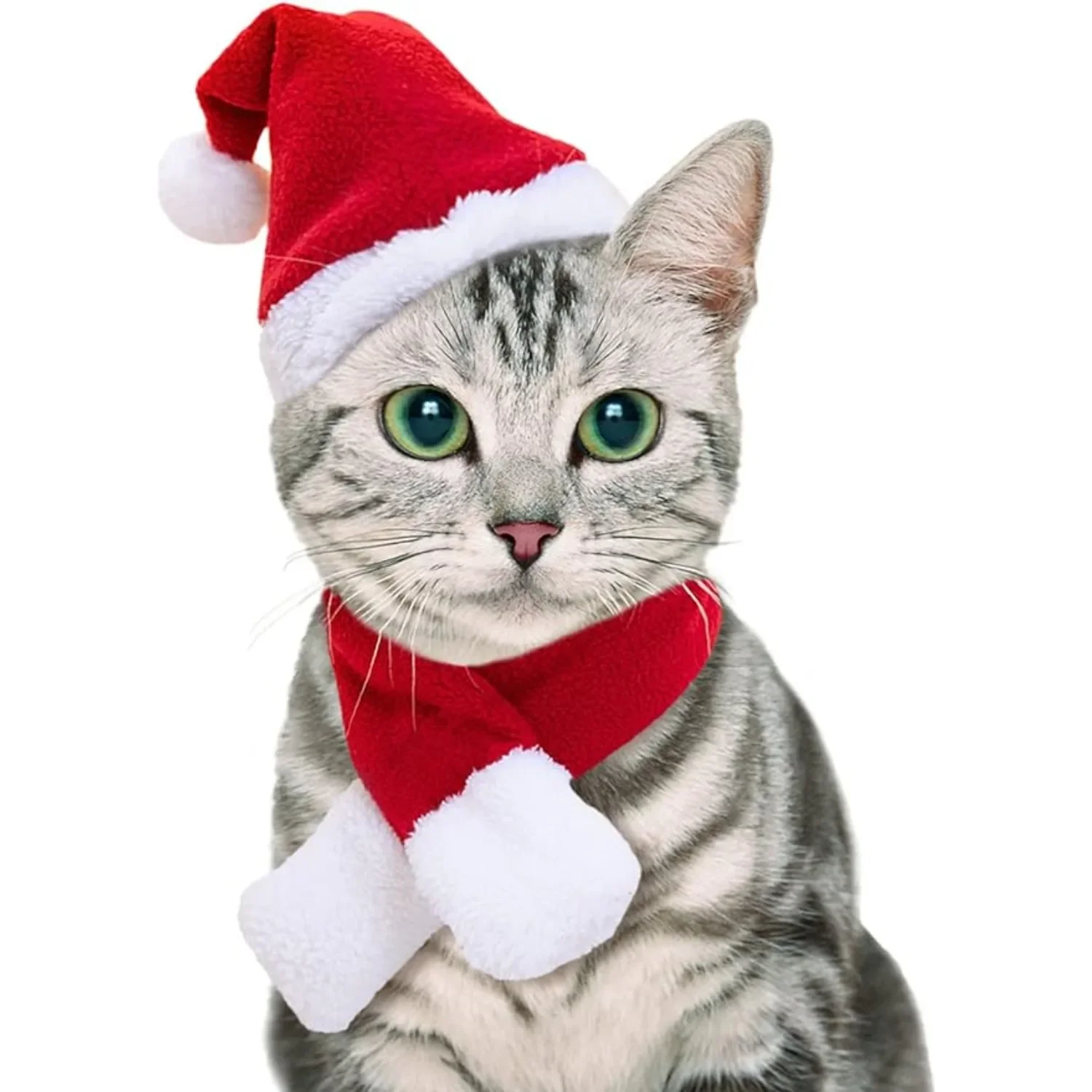 ATUBAN Christmas Cat Costume Small Dog Santa Hat with Scarf Kitty Xmas Outfit Apparel Pet Santa Claus Set for Kitten, Puppy