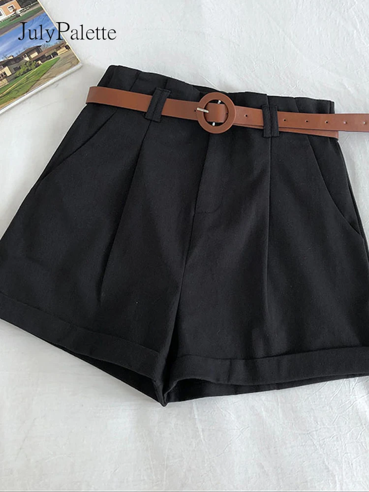 Julypalette Casual Shorts Voor Vrouwen 2022 Zomer Hoge Taille Breed-Been Curl Shorts Met Riem Vrouwelijke Solid Shorts bodem