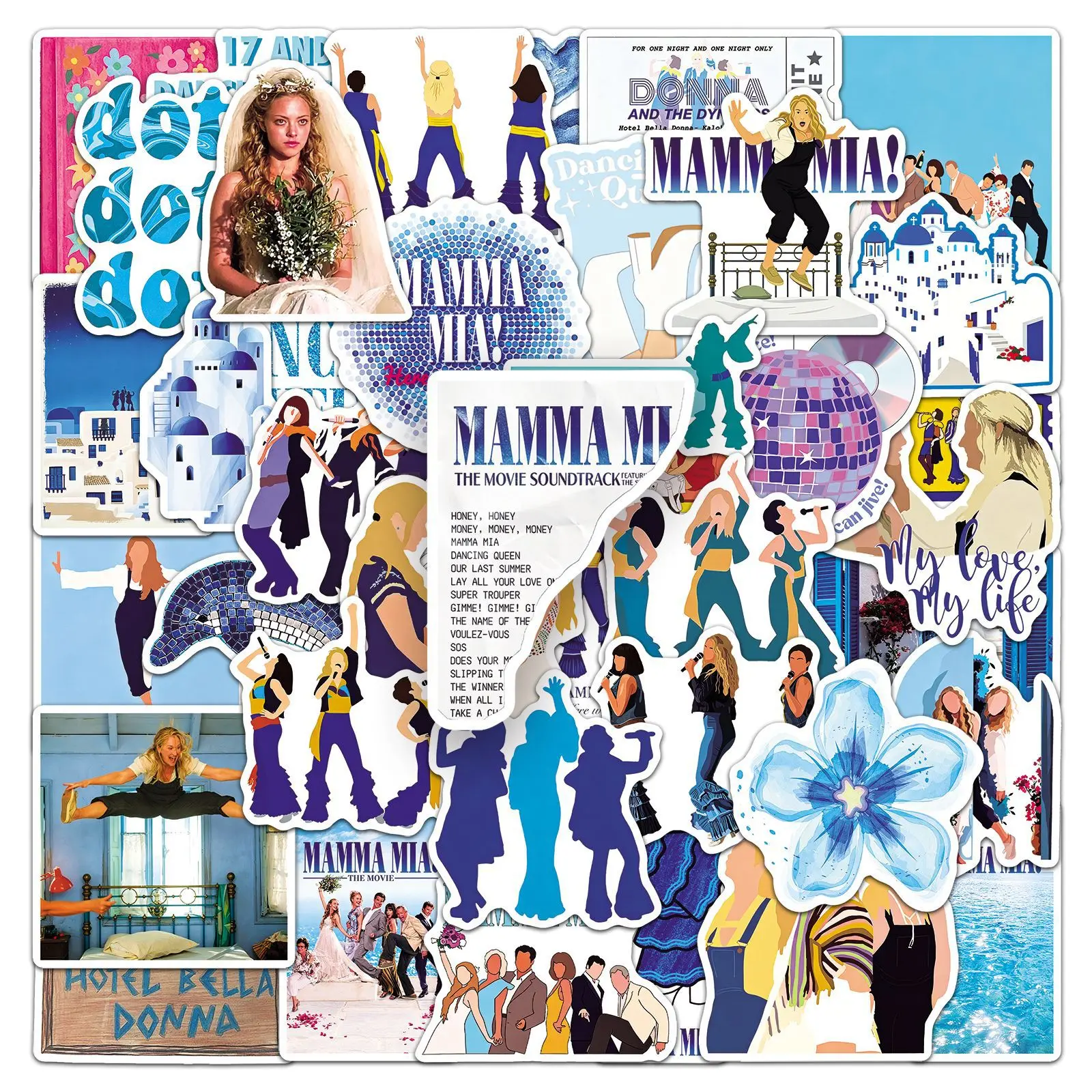 50PCS Mamma Musical Stickers Dancing Queen Greece Travel Blue Ocean Santorini Decor For Laptop Water Bottle Luggage Scrapbook