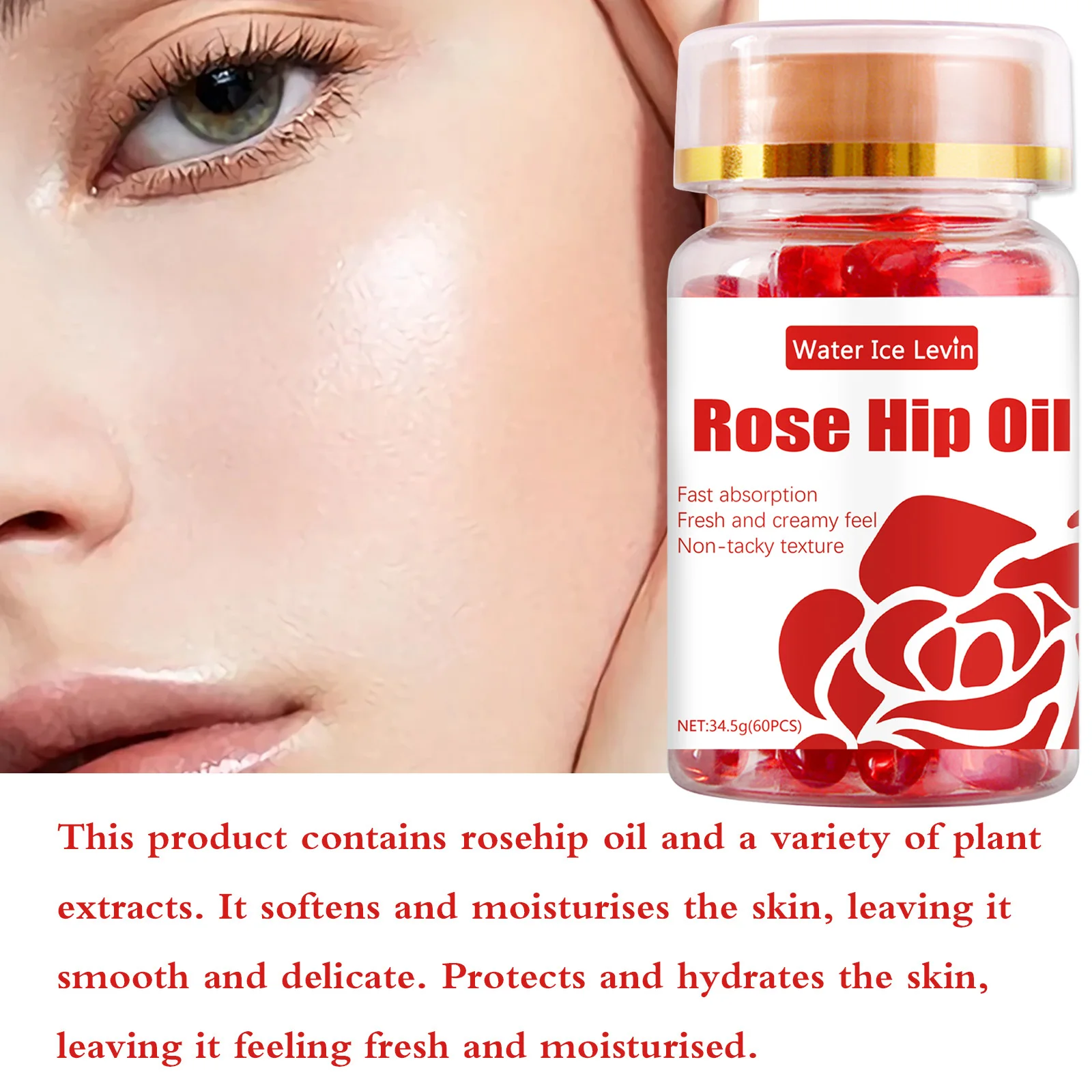 60 Pcs/Bottle Rose hip oil Capsules collagen Moisturizing Anti-aging Face Serum Spot Removing Skin care product New