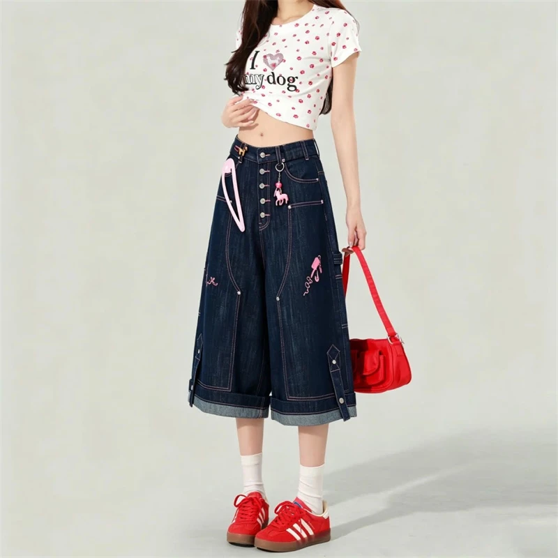 Summer Women's Button Decoration Design Denim Shorts Cute Girl Calf-length Pant High Waist Half Trousers Female Retro Streetwear