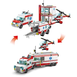 2023 MOC City Series Clássico Hospital Ambulância Resgate Car Building Blocks Médico Aeronave Modelo Tijolos DIY Kids Brinquedos