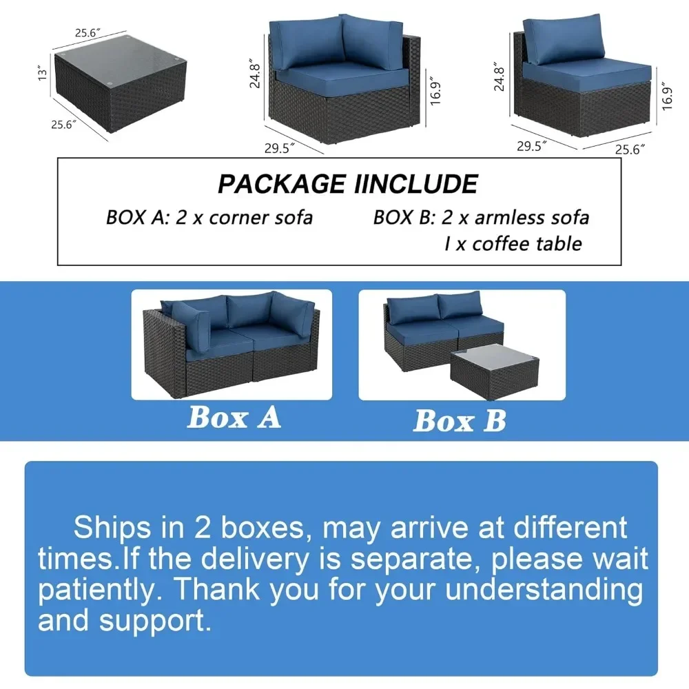 5 Pieces Outdoor Patio Sectional Sofa Couch,Black PE Wicker Furniture Sets, Patio Conversation Sets with Washable Cushions Glass