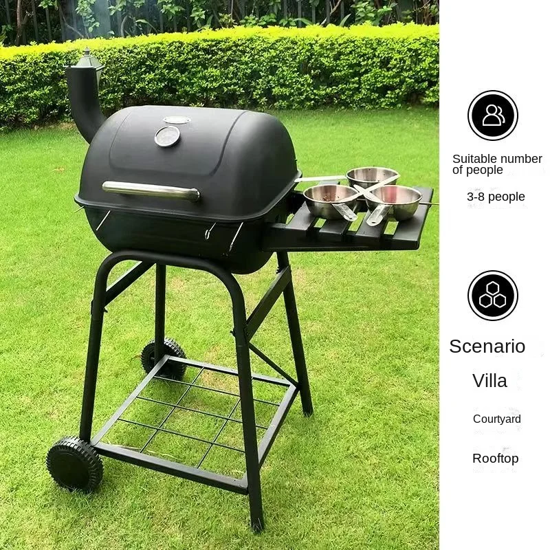 

Chimney Style Outdoor BBQ Garden Charcoal Oven Household Portable Barbecue Rack Mini Barrel Charcoal Grilling with Side Shelf