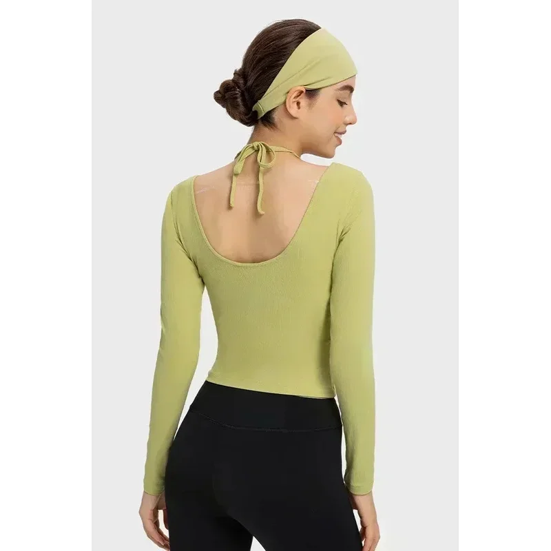 Women Halter Neck Long Sleeve Yoga Shirt Ribbed Fabric Stretch Halter Neck U-shaped Back Fitness Sport T-shirt Fitness Top