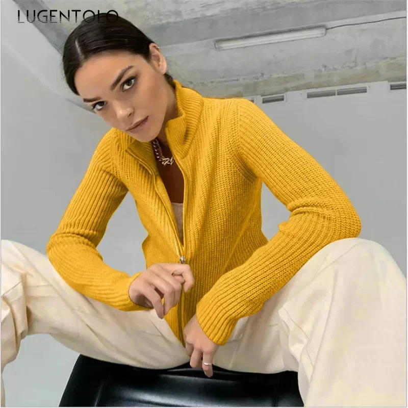 Women Candy Colors Sweater Zipper Cardigan Half High Collar Female Casual Loose Autumn Winter Thicken Short Sweaters