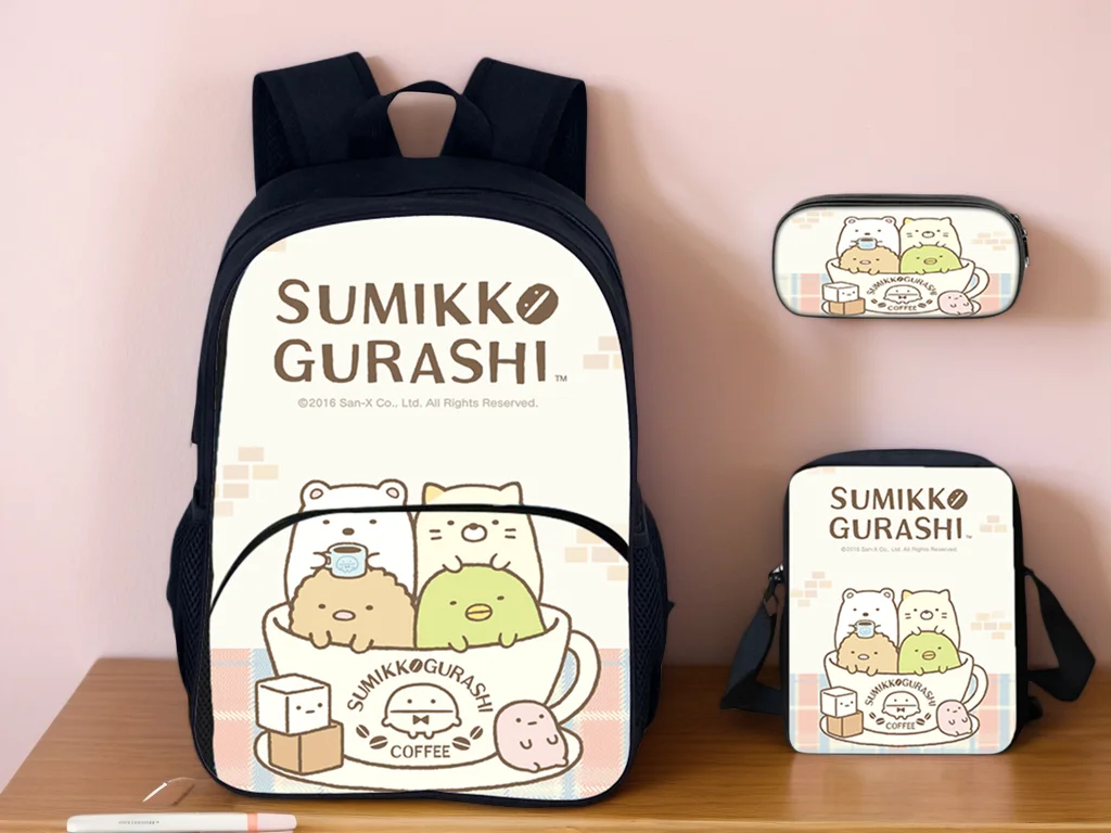 

Front Pocket Sumikko Gurashi Kid Backpack+Canvas Side Bag+Pencil Case 3Pcs Set-Multifunction Rucksack for Student