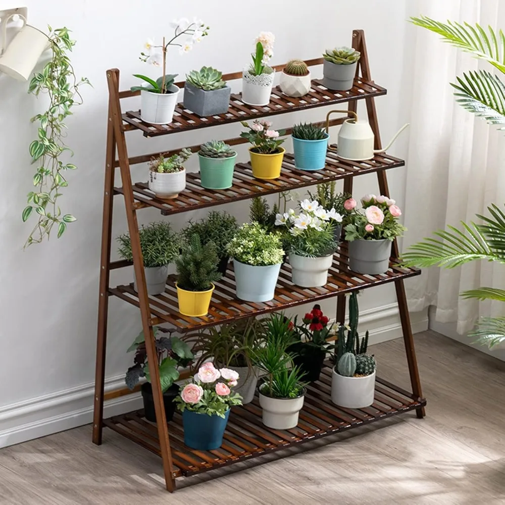 

LIGUOYI 4 Tier Ladder Plant Shelves, Folding Flower Pot Holder Garden Display Shelf 4 Colors Flower Pot Stands Bamboo Holder Pla