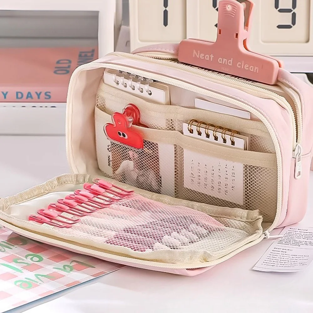 Kawaii الوردي مقلمة متعددة الطبقات طالب القرطاسية القلم حقيبة أنيقة صندوق القلم الإبداعي الطلاب العودة إلى المدرسة لوازم مكتبية